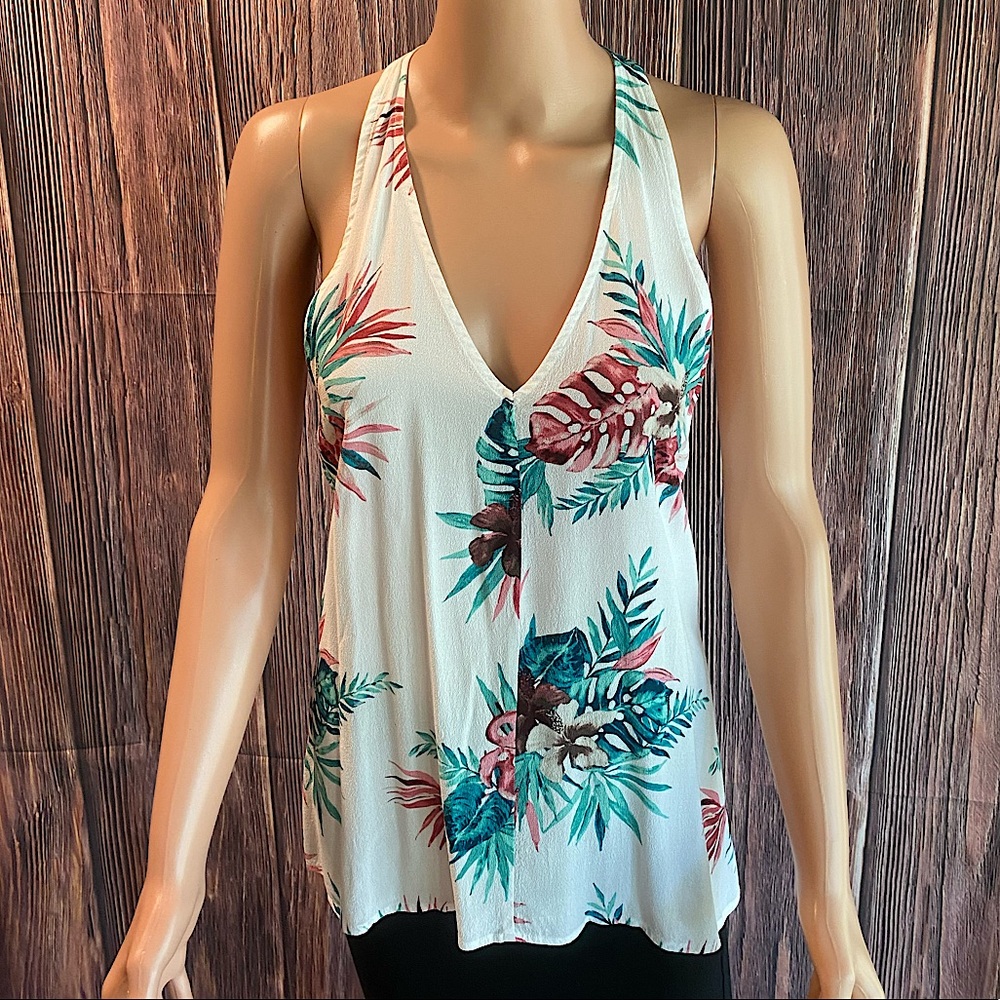 BB Dakota size small white green & pink tropical print pattern tank top